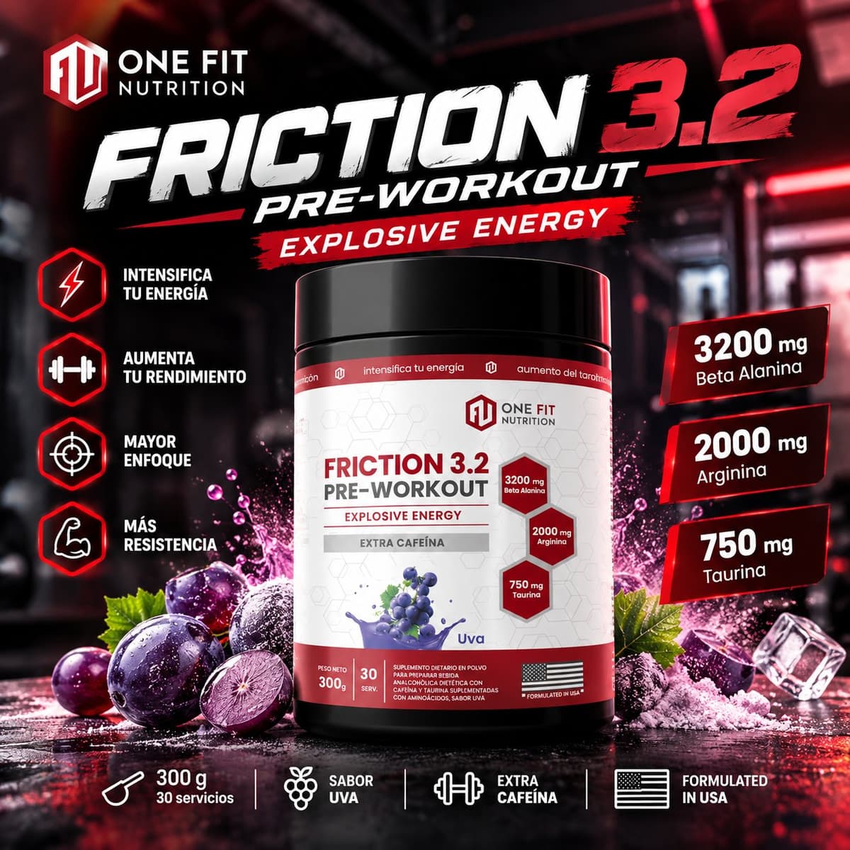Friction 3.2 Pre-Workout One Fit Nutrition 300 g – Uva