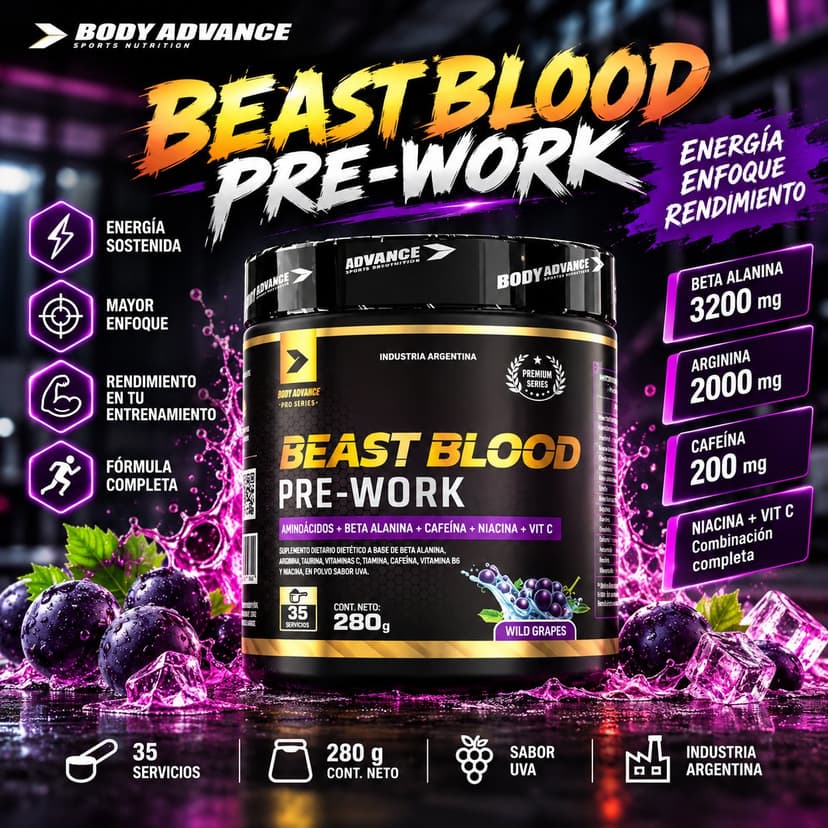 Beast Blood Pre-Work (pre entreno) Body Advance 280 g – Uvas Silvestres