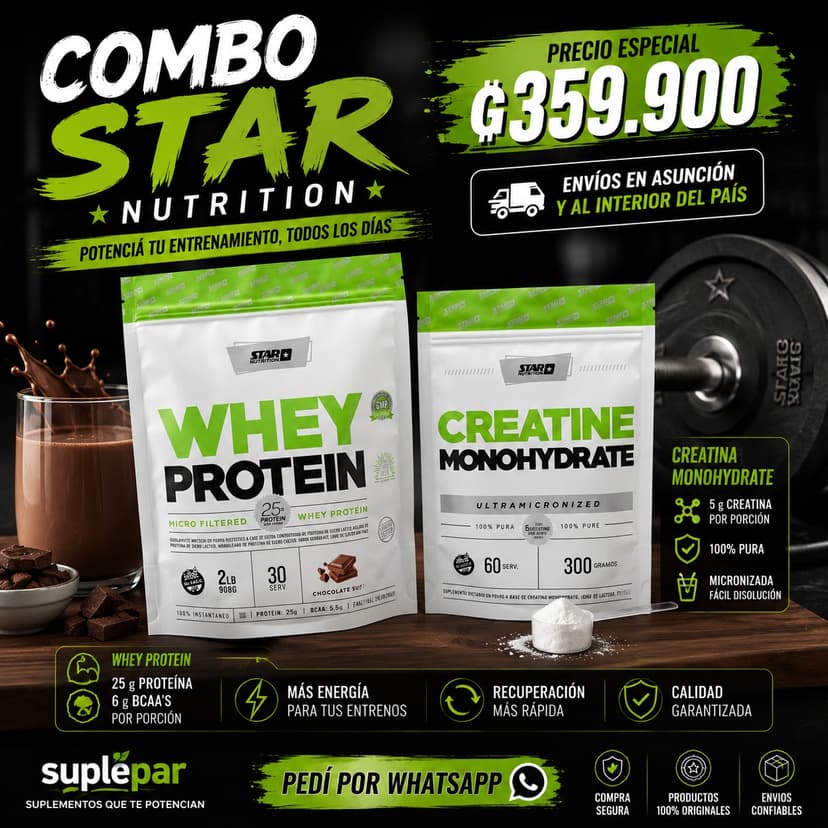 Combo Star Nutrition – Whey Protein 2 lb + Creatina 300 g