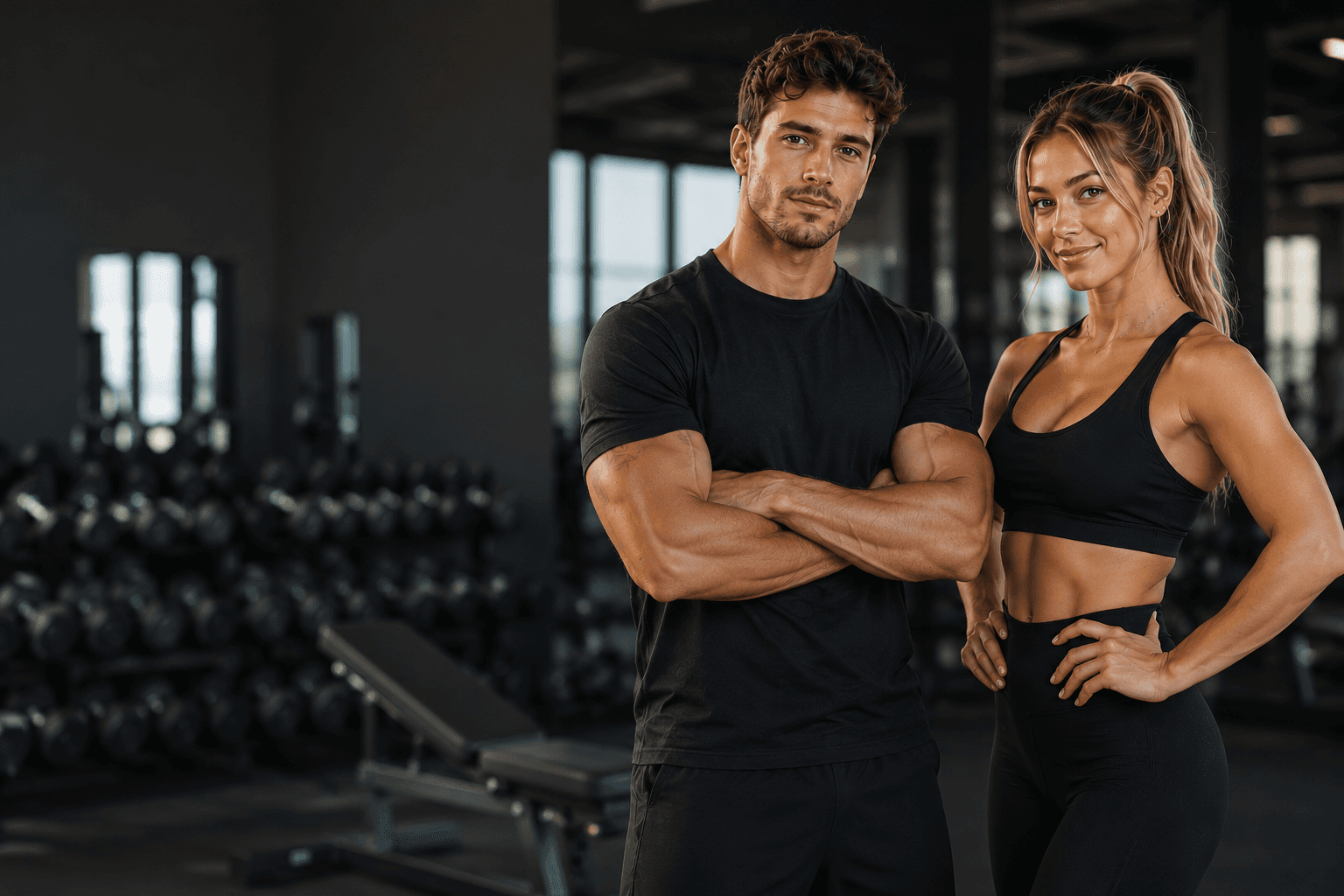 Dos atletas en el gimnasio listos para entrenar