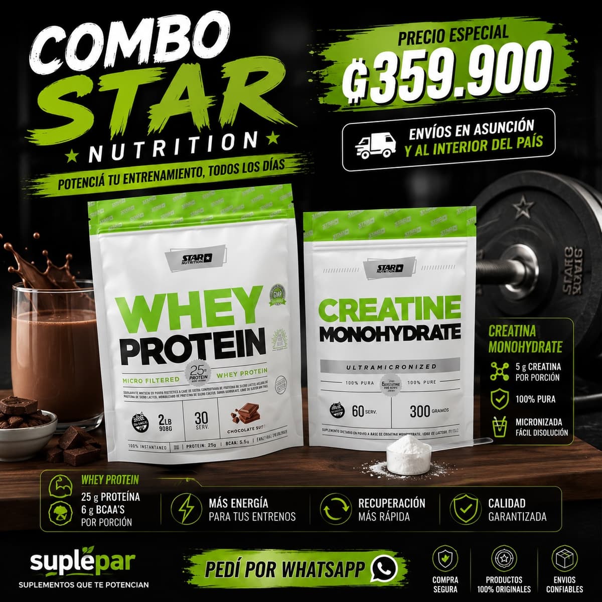 Combo Star Nutrition – Whey Protein 2 lb + Creatina 300 g